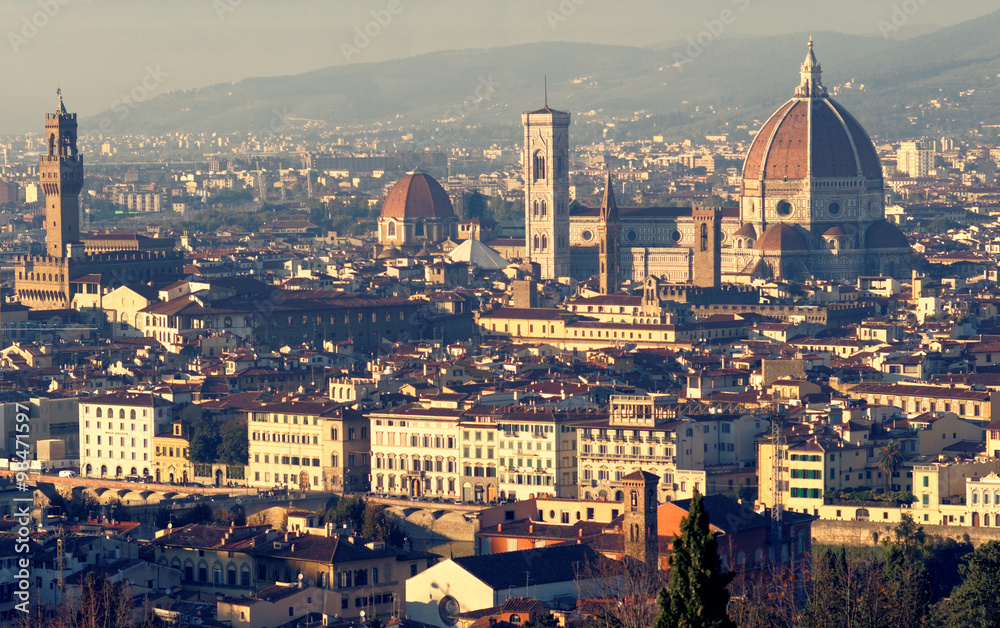 Classic view of Florence, sunset shot, toned image