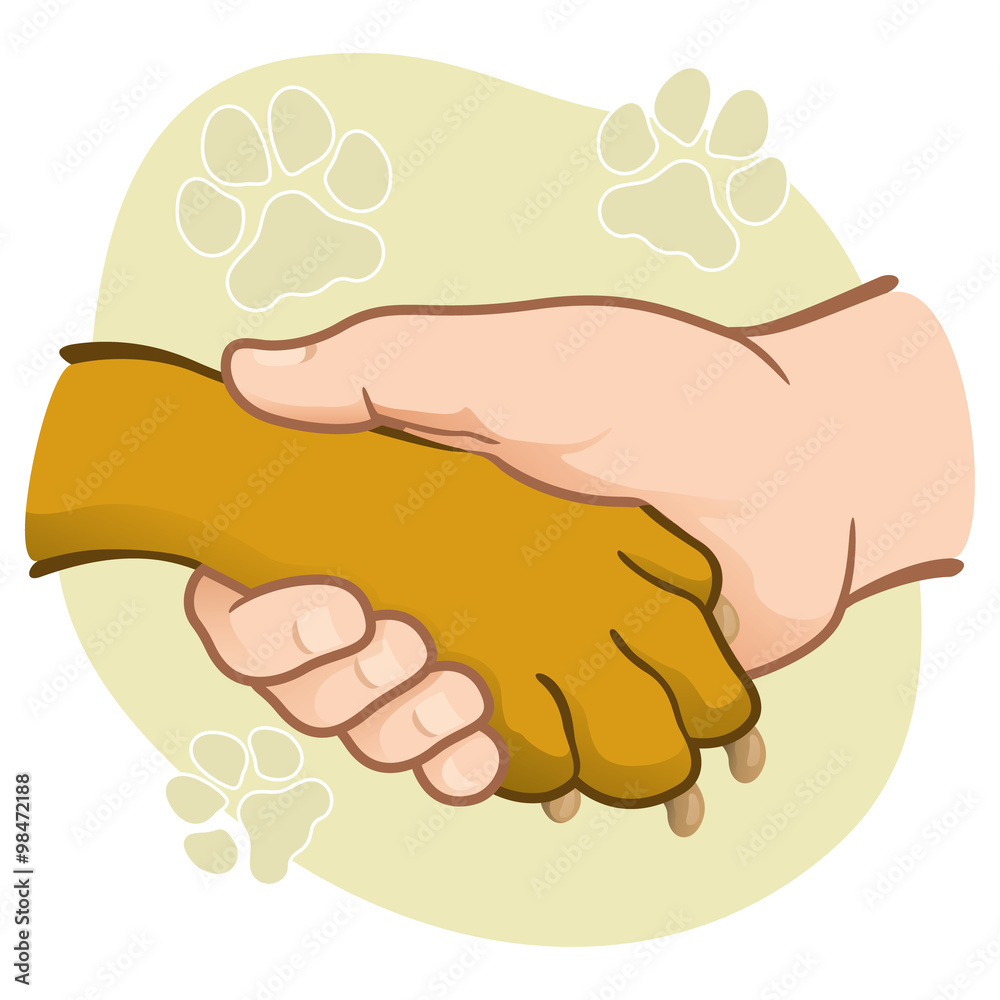 Illustration human hand holding a paw, caucasian Illustration human hand holding a paw, caucasian