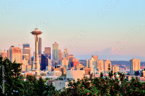 Seattle Cityscape with Mt. Rainier in the Background at Sunset, Washington, USA