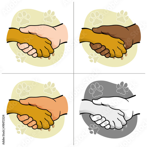 Illustration human hand holding a paw, ethnicities