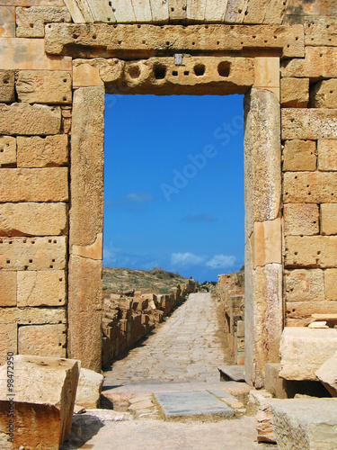 Libya. Leptis Magna. Doorway of the north-west enclosure wall Severan's Forum in the direction of Cardo street photo