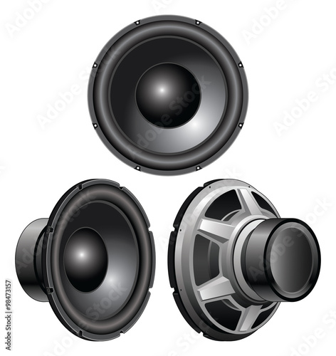 Speaker is an illustration of a speaker from a front view, three-quarter view and rear three-quarter view.