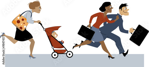 Exhausted woman with a baby in a stroller and a diaper bag trying to catch up with her co-workers, EPS 8 vector illustration