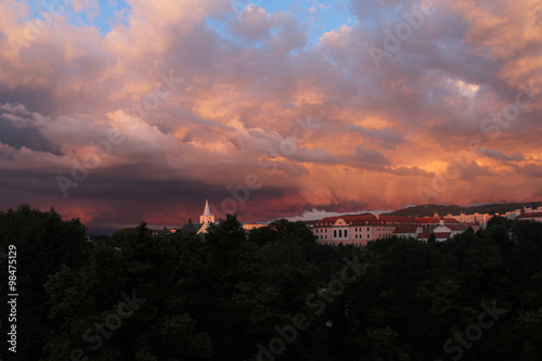 Tableau sur toile Beautiful view on sunset with dramatic clouds in city of Valasske Mezirici
