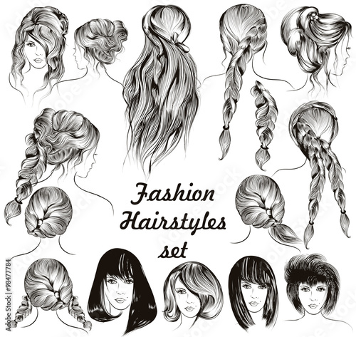 Fashion illustration different female hairstyles set in engraved