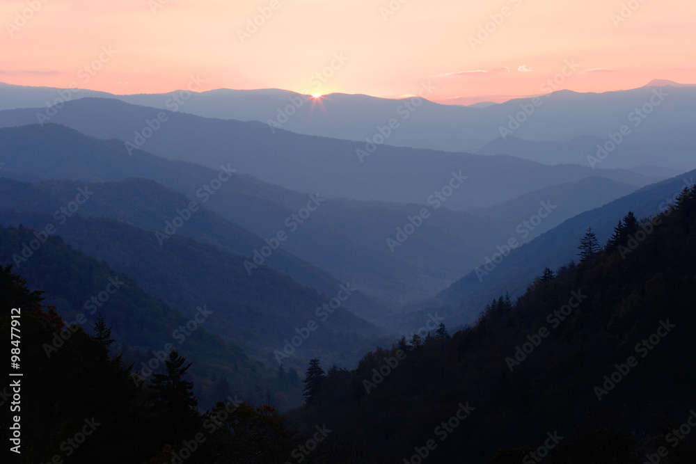 First Sun Light over Mountain Valley.  Smoky Mountains National Park, Tennessee