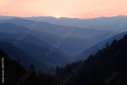 First Sun Light over Mountain Valley. Smoky Mountains National Park, Tennessee
