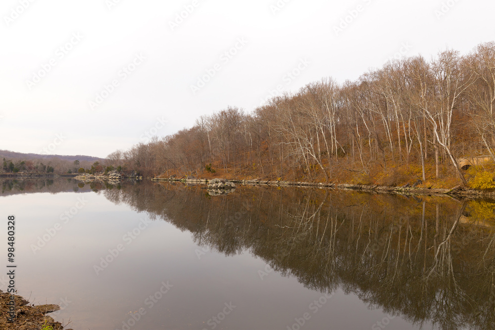 Canal and forest panorama of Great Falls Park in Maryland, USA. Winter in the forest with reflection along the canal.