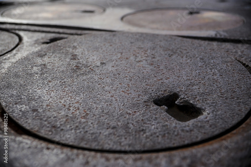 Close up of burner plate on wood burning stove