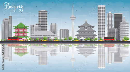 Beijing Skyline with Gray Buildings, Blue Sky and Reflections. Some elements have transparency mode different from normal.