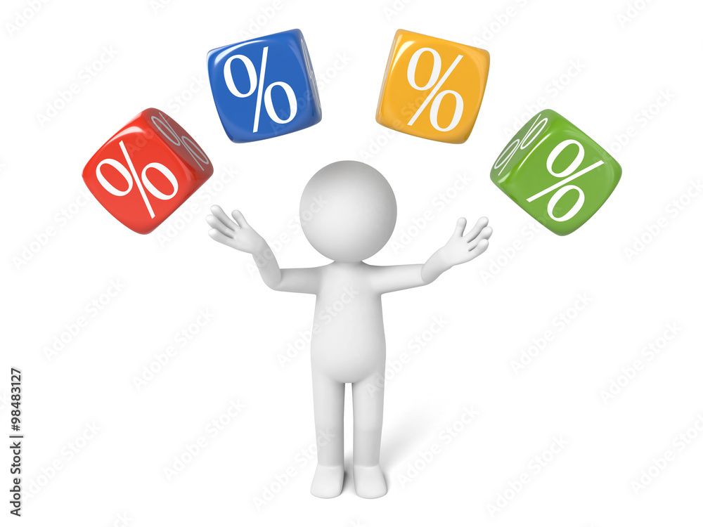 3D guy and a few dices which the percentage sign on it 3D guy and a few dices which the percentage sign on it