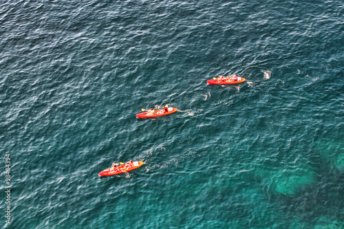 Canoes in water from top view