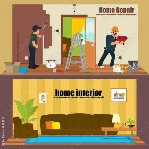 set of horizontal banners: Home interior and repairs at home. workers make repairs in the apartment of the customer. finished interior living room. Vector illustration in a flat style.