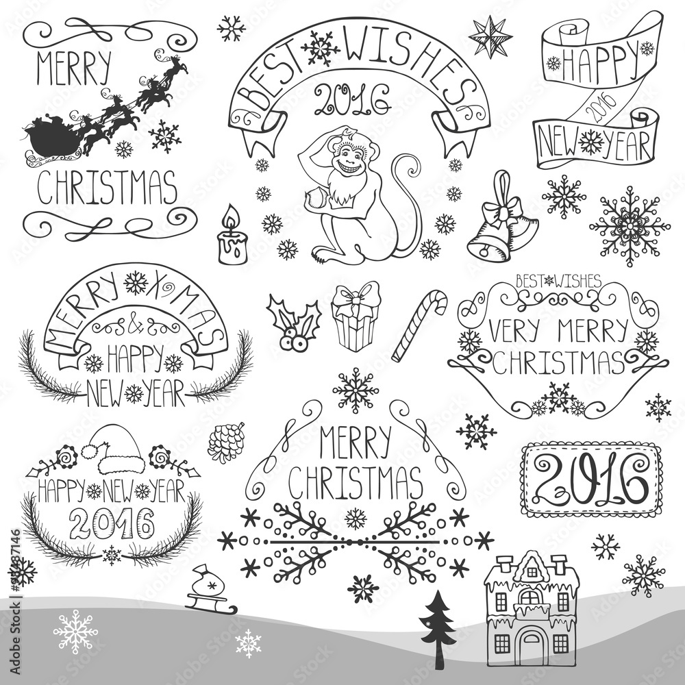Christmas,New Year 2016 decoration,labels.Linear
