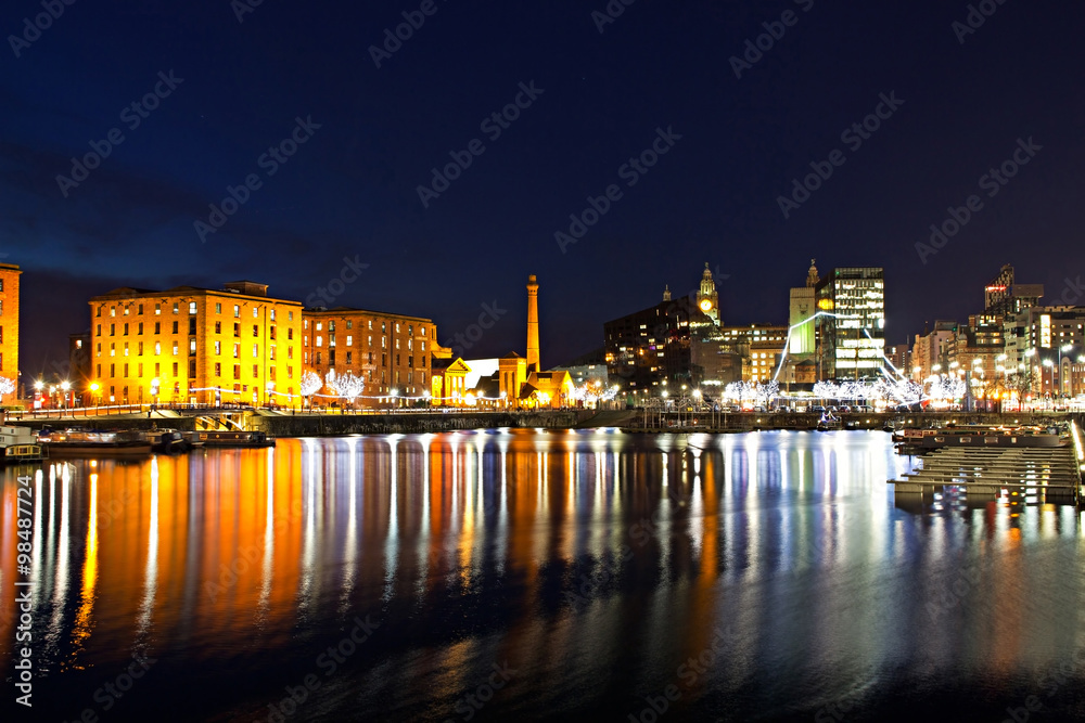The Albert Dock complex in Liverpool at night