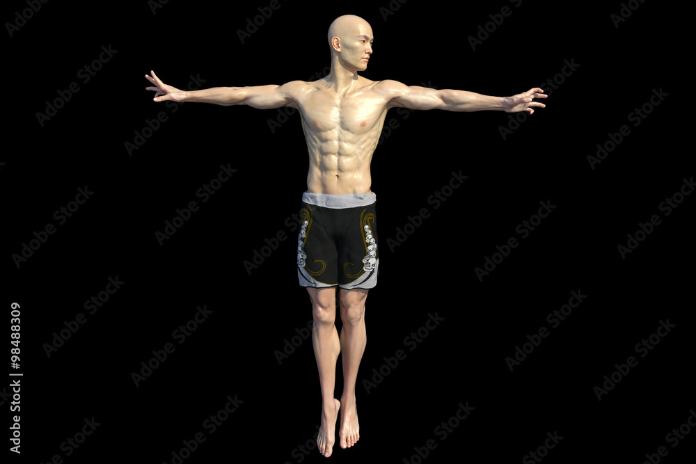 One muscular bald asian in flying pose. Light source: the sun. The background is black