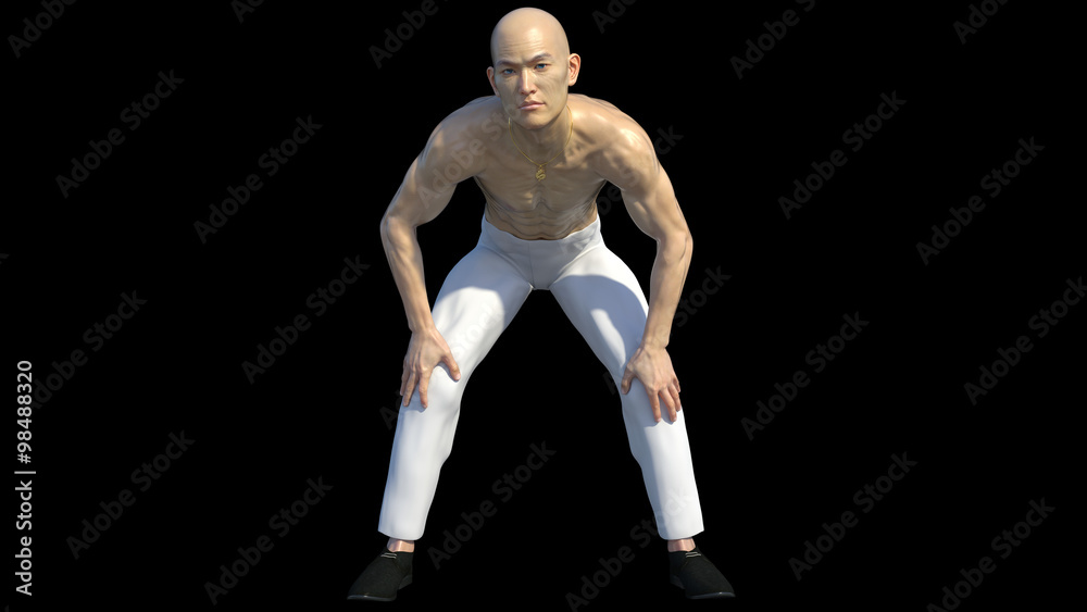 One muscular bald asian. Light source: the sun. The background is black One muscular bald asian. Light source: the sun. The background is black
