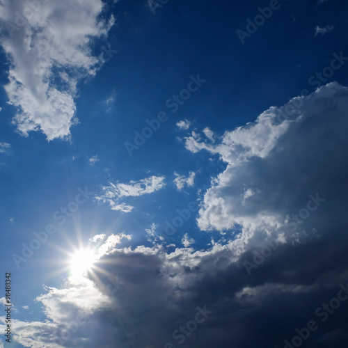 clear weather sky, sun on blue sky with clouds, sun rays