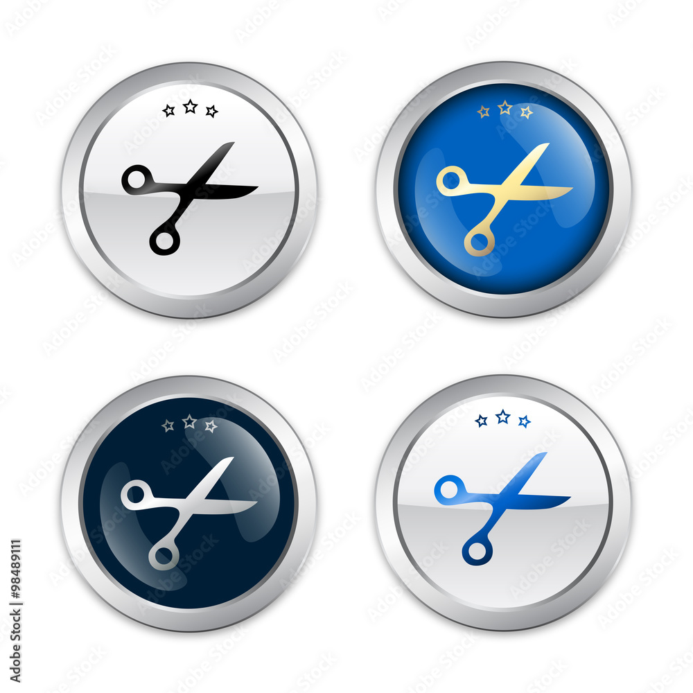 Scissors seals or icons. Glossy silver seals or buttons.