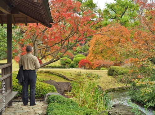 A lonely old man looking to the garden in autumn at Koko-en Garden in Himeji, Hyogo Prefecture, Japan. Koko-en Garden is a Japanese garden located next to Himeji Castle. photo