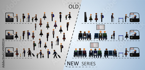 The concept of the traditional and the electronic queue in comparison. Illustration includes people and elements of a queue. Old new series. 