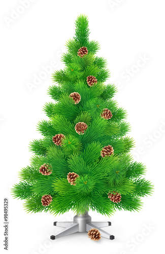 Green fluffy Christmas tree with cones, isolated on white background, vector illustration