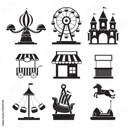 Amusement Park Objects Icons Mono Set, Theme Park, Carnival, Fun Fair, Circus