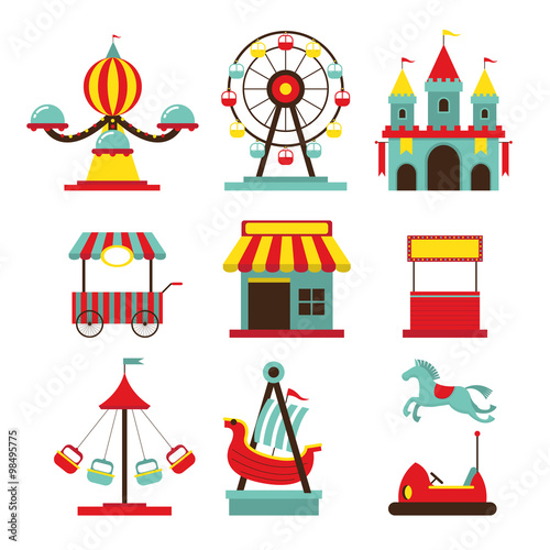 Amusement Park Objects Flat Icons Set, Theme Park, Carnival, Fun Fair, Circus