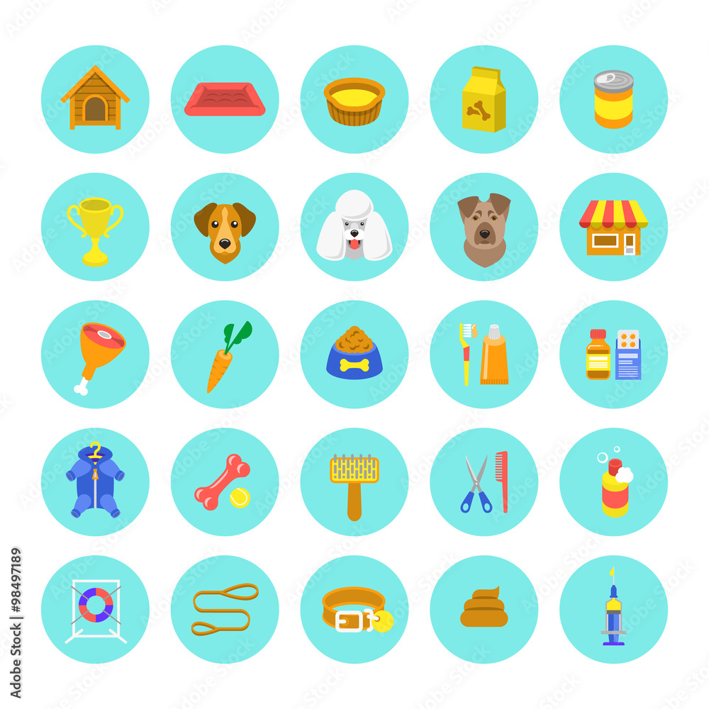 Flat dog care round vector web icons in colorful circles, isolated on white. Simple conceptual bright colors symbols of nutrition, grooming and accessories of dogs. Pets infographics design elements Flat dog care round vector web icons in colorful circles, isolated on white. Simple conceptual bright colors symbols of nutrition, grooming and accessories of dogs. Pets infographics design elements