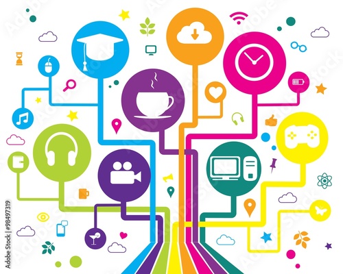 Communication tree with rounded corner. Shopping icons