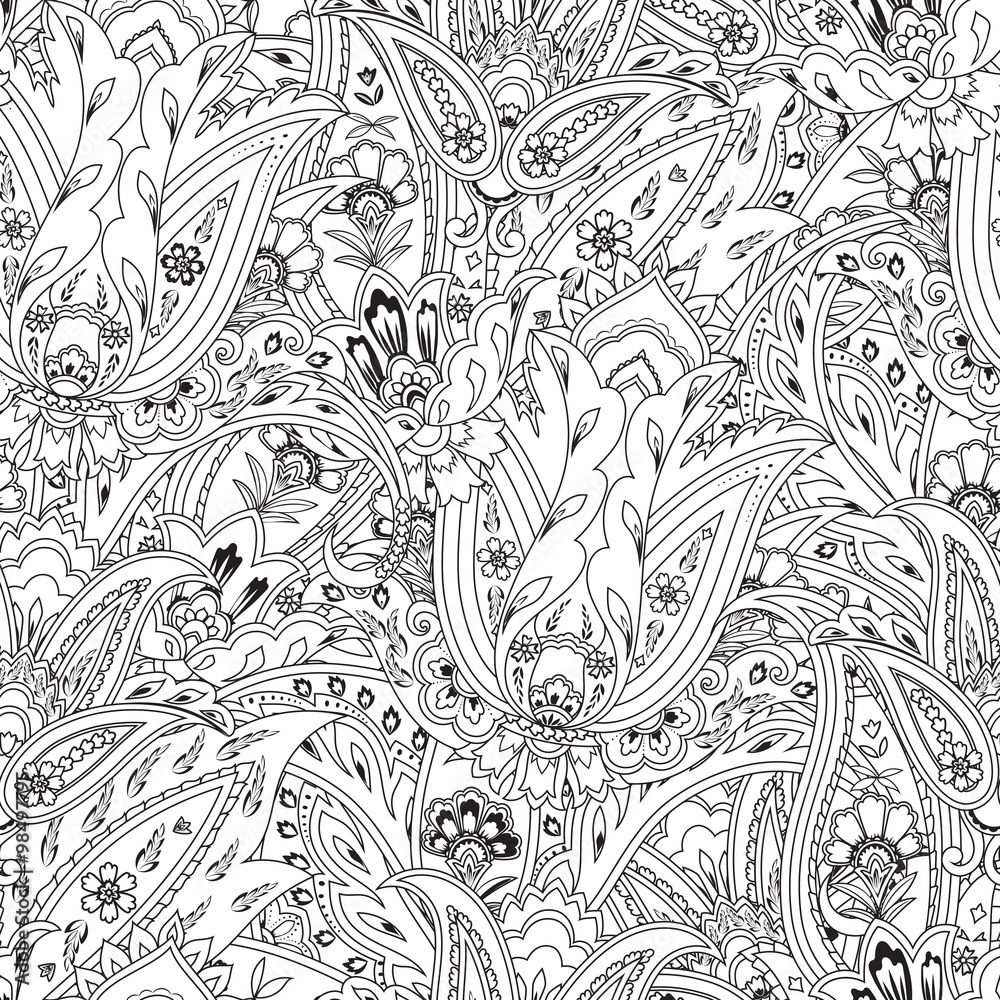 Fototapeta premium Monochrome seamless paisley pattern. Floral background, coloring page