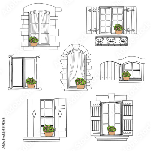 Vintage windows set with flowers in the pot on white background
