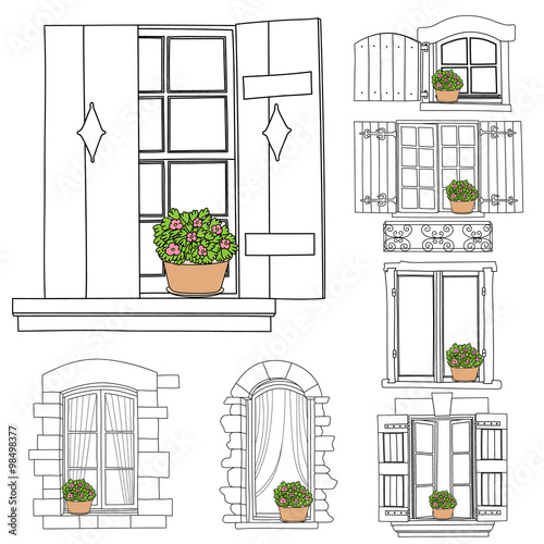 Vintage windows set with flowers in the pot on white background
