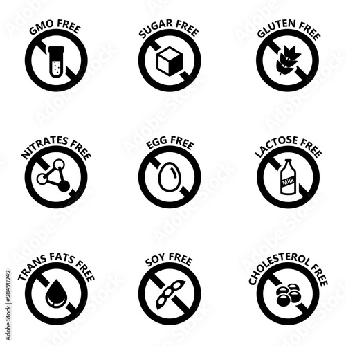 Vector black food dietary labels icon set