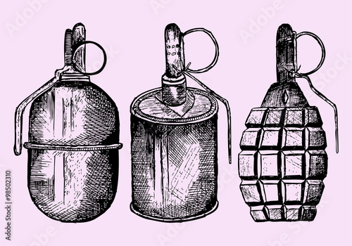 set of the grenade, hand drawn, sketch illustration