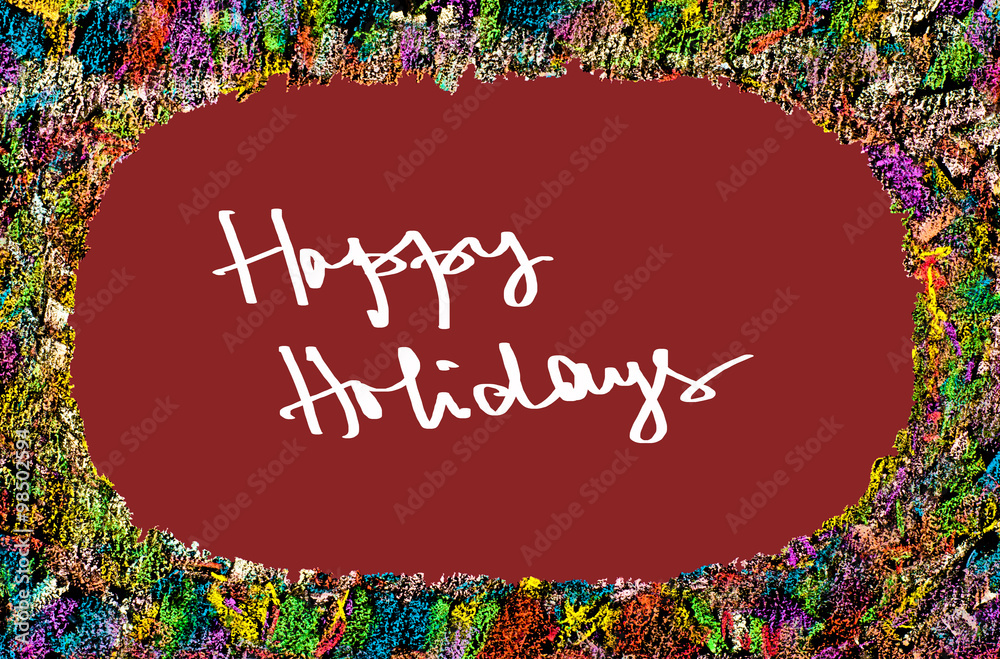 Fototapeta premium Colorful frame image on red background with text Happy Holidays