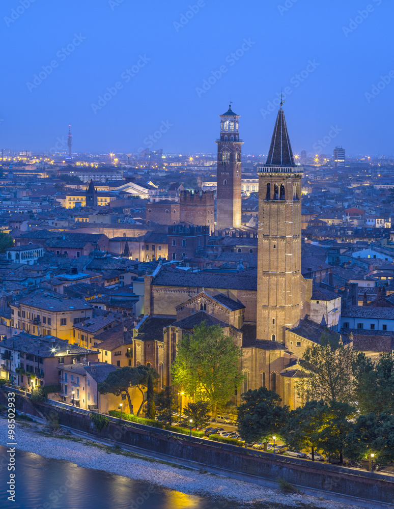 view to towers in twilight time  in Verona in Italy