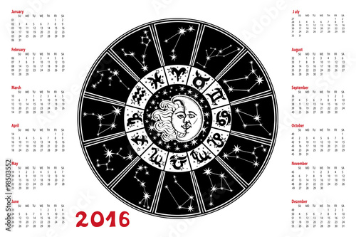 Calendar 2016.Zodiac sign , Horoscope circle,Constellation