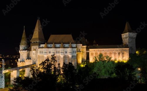 Corvin Castle panoramic view at night. The castle is situated in Hunedoara, Transylvania, Romania © bogdanvija