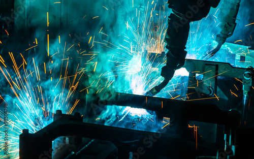 Robot welding movement Industrial automotive part in factory