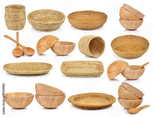 wood basket , wood bowl , woodspoon on isolated background photo