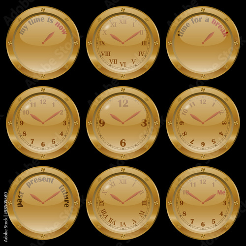 Set of golden clocks on black background, including conceptual clocks: "my time is now", "time for a break", "past present future", and "me time".
