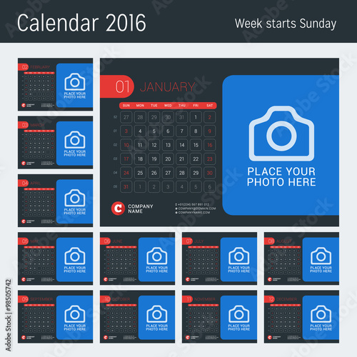 Desk Calendar for 2016 Year. Vector Design Print Template with Place for Photo, Logo and Contact Information. Week Starts Sunday. Calendar Grid with Week Numbers. Set of 12 Pages