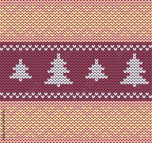 Seamless knitted pattern. Christmas tree knitted background. Style pink gray yellow