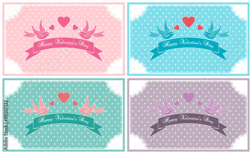 Valentines Day vintage card set decorated with lace, birds and ribbons.