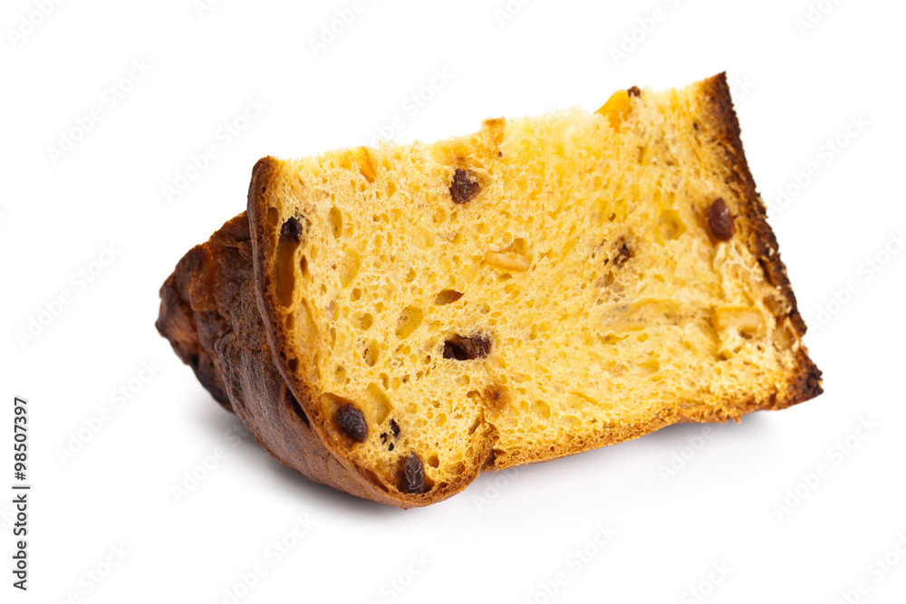 Panettone, Christmas cake isolated on white. Selective focus.