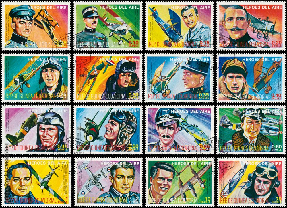 Stamps printed in Equatorial Guinea shows heroes of air