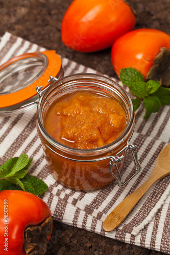 Orange Persimmon Jam with Saffron. Selective focus.