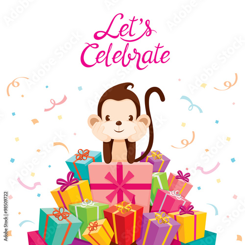 Monkey With Pile Of Gifts, Animal, Celebration, Festive, Anniversary
