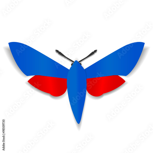A blue and red paper butterfly with a black mustache on a white background